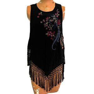 Free People Black Love Birds Embroidered Beaded Fringe Sleeveless Top Sz S